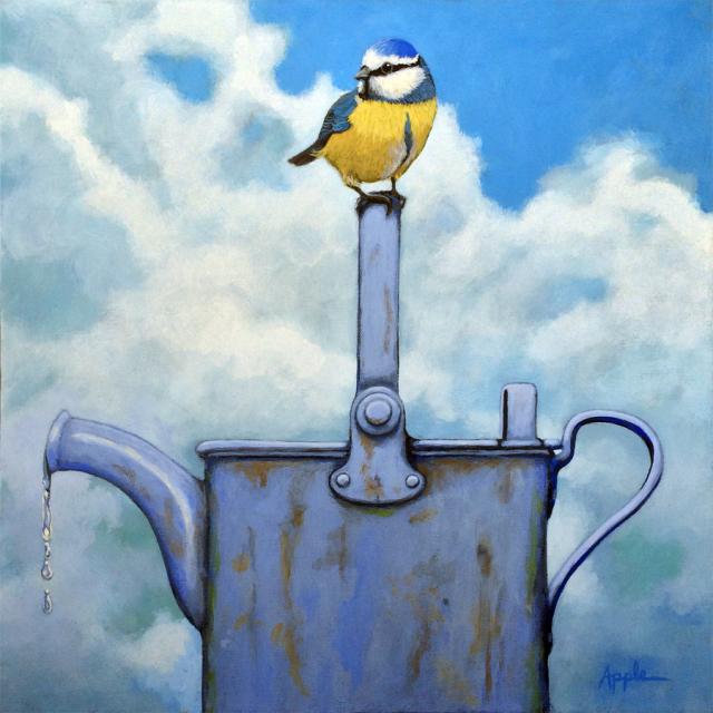 Cute Blue-Tit realistic bird portrait on antique watering can realistic nature